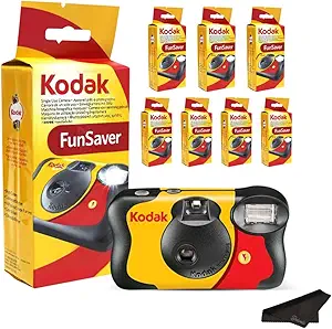 Kodak Funsaver Disposable Camera Bulk One Time Single Use Built in Flash 10-Pack 27exp 35mm Camera Bundled with Balveli Premium Microfiber Cloth - Bulk Kodak Disposable Film Camera 35mm