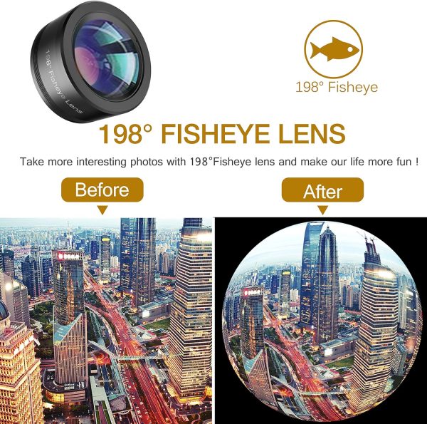 Upgraded 3 in 1 Phone Camera Lens kit-198° Fisheye Lens + Macro Lens + 120° Wide Angle Lens,Clip on Cell Phone Lens Kit Compatible with iPhone Samsung Android Smartphones - Image 5