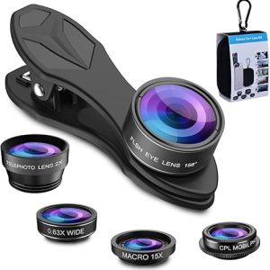 MIAO LAB 5 in 1 Phone Camera Lens Kit -0.63X Wide Angle Lens & 15X Macro Lens+190°Fisheye Lens/CPL + 2X Telephoto Lens Compatible Most of Smartphone